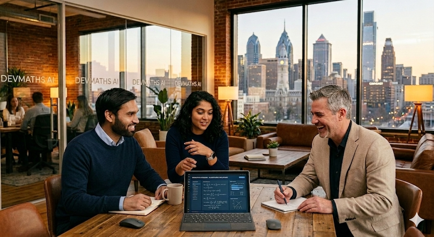 The devMaths team meeting in a Philadelphia office with the city skyline behind them